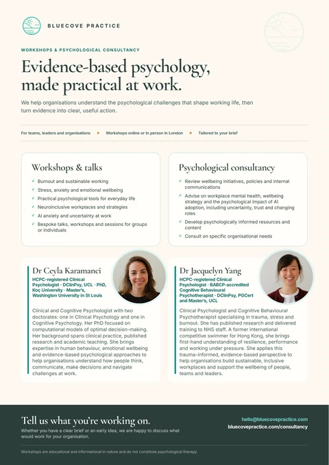 Cover of the Bluecove Practice workshops and psychological consultancy flyer, with service information and portraits of Dr Ceyla Karamanci and Dr Jacquelyn Yang.