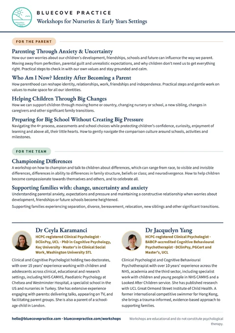 Bluecove Practice workshops flyer for nurseries and early years settings, with topics for parents and teams and profiles of both psychologists.