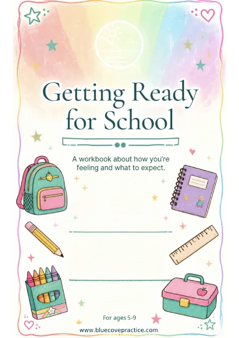 Cover of the Getting Ready for School workbook: a pastel rainbow, a backpack, crayons, a notebook and a ruler.