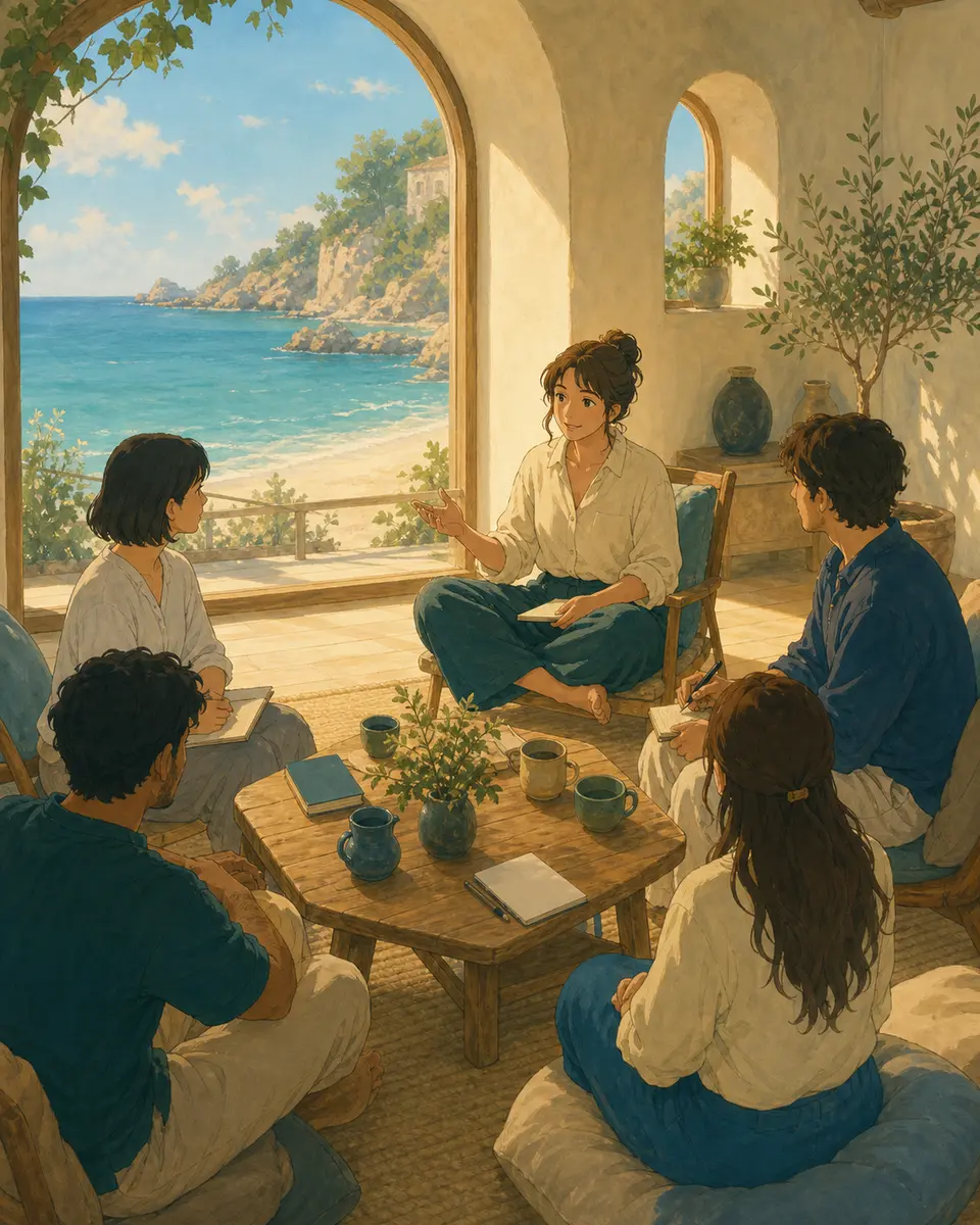 Group of three figures gathered for a workshop session