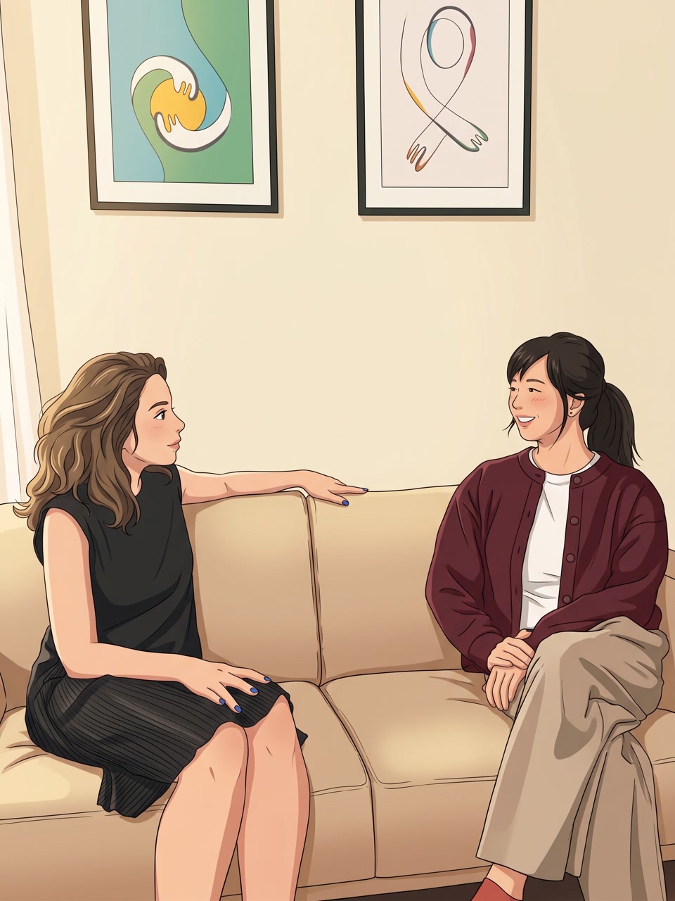 Illustration of Jacquelyn and Ceyla seated together in conversation